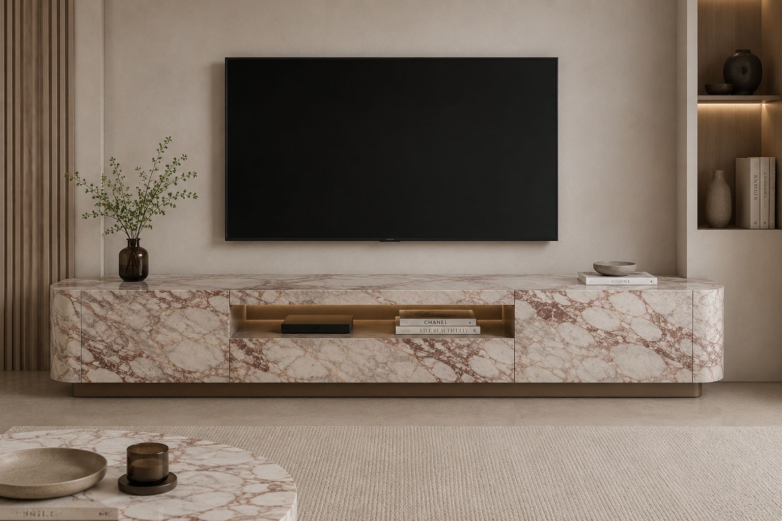 Modern white quartz TV benchtop