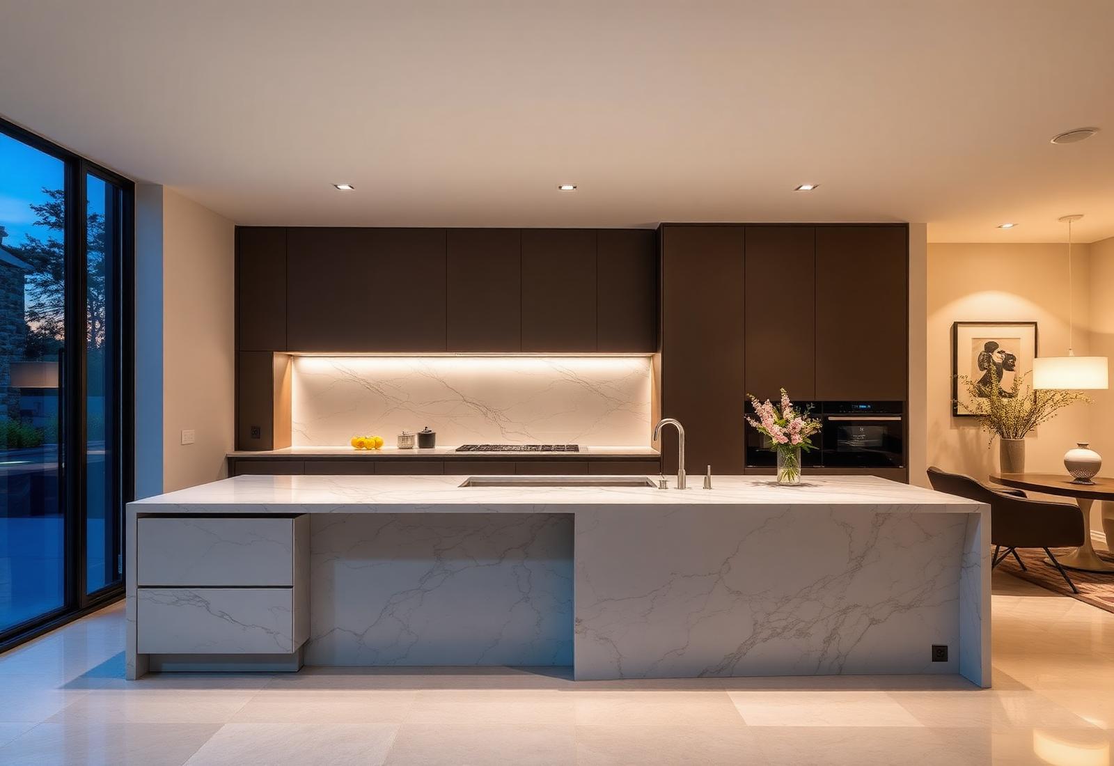 Luxury marble kitchen benchtop with waterfall edge